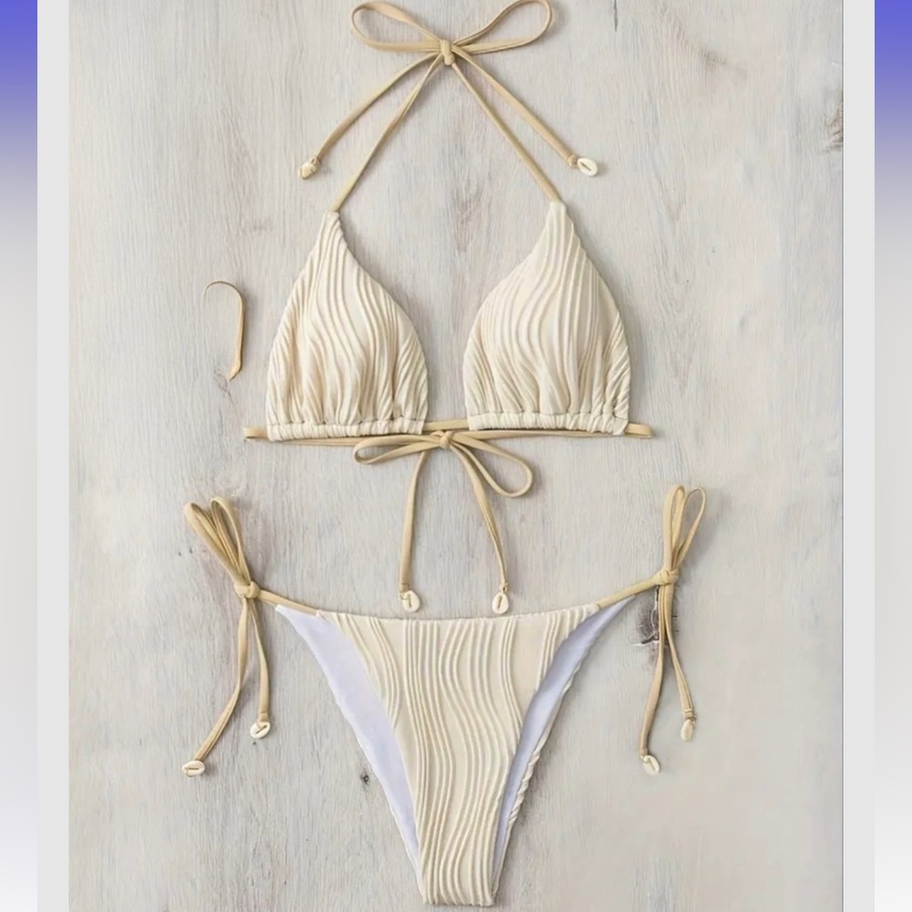 Beige Ribbed Halter Shell Ties Bikini Set - Picture 5 of 8
